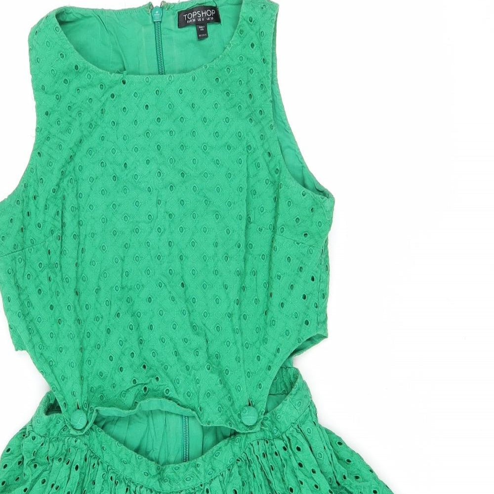 Topshop Womens Green Cotton Fit & Flare Size 10 Scoop Neck Zip - Cut out detail