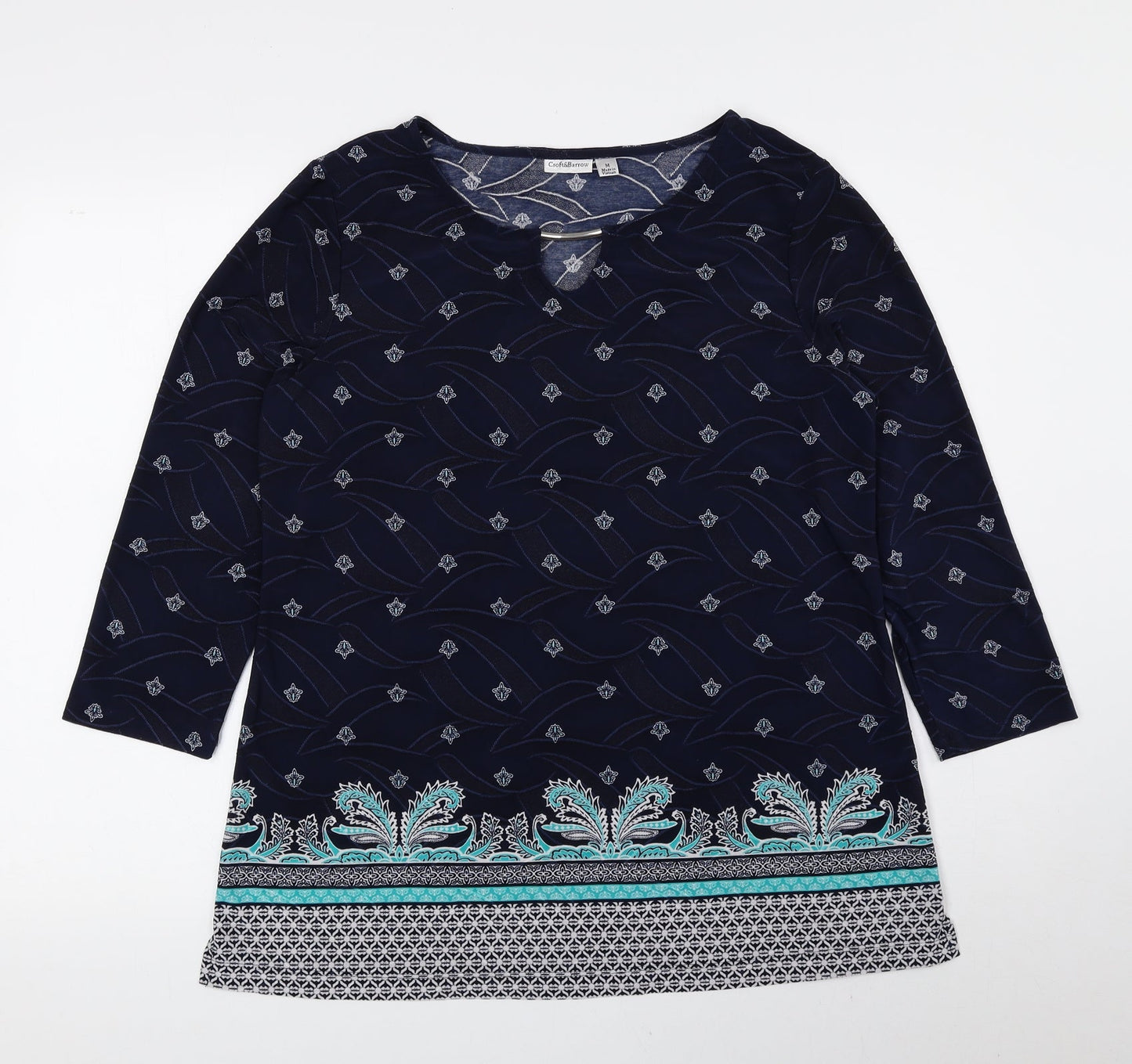 Croft & Barrow Womens Blue Geometric Polyester Basic Blouse Size M Round Neck