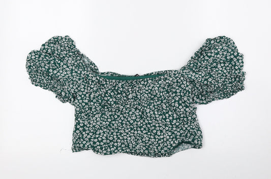 Divided by H&M Womens Green Floral Viscose Cropped Blouse Size 16 Off the Shoulder