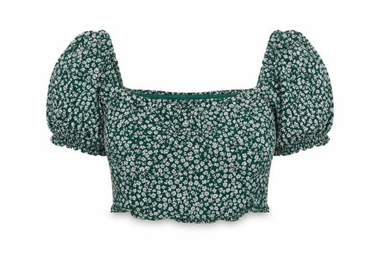 Divided by H&M Womens Green Floral Viscose Cropped Blouse Size 16 Off the Shoulder