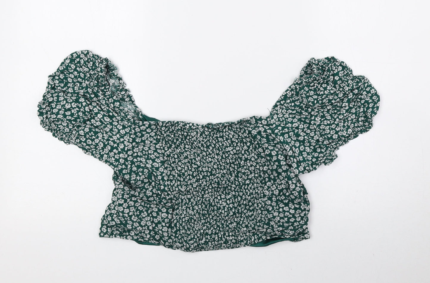 Divided by H&M Womens Green Floral Viscose Cropped Blouse Size 16 Off the Shoulder