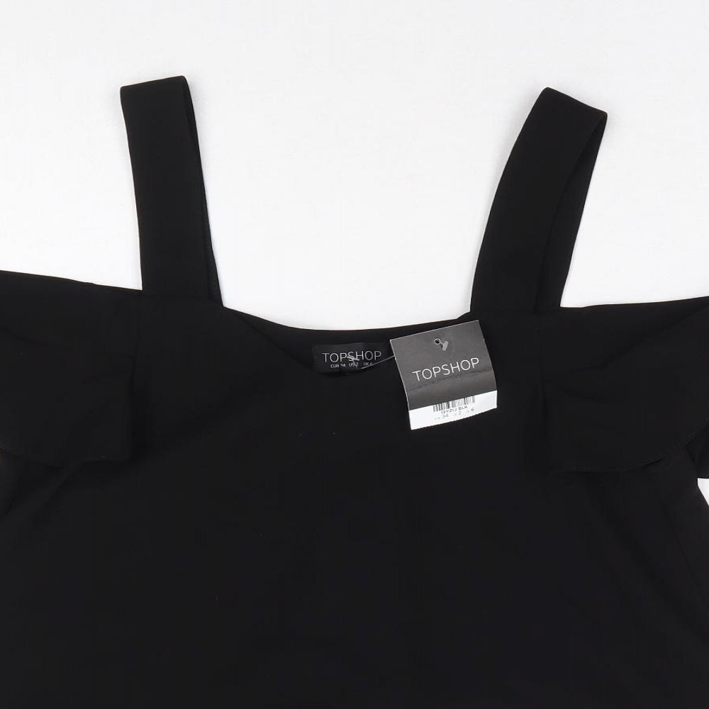 Topshop Womens Black Polyester Basic Blouse Size 6 V-Neck - Cold Shoulder Detail