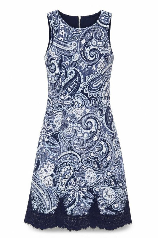 H&M Womens Blue Paisley Polyester A-Line Size XS Round Neck Zip - Lace Trim