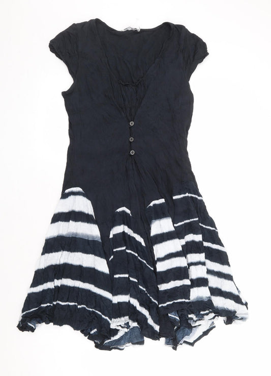 LAUREN VIDAL Womens Blue Striped Viscose Skater Dress Size S V-Neck Button - Tie Dye
