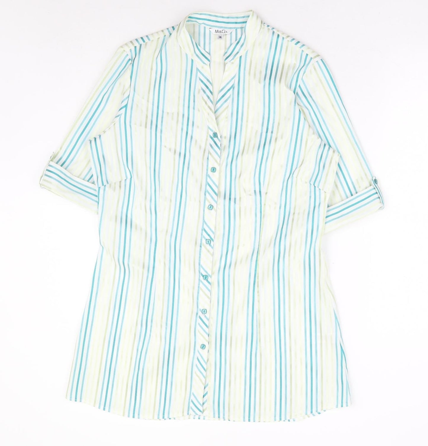 M&Co Womens Blue Striped Polyester Basic Button-Up Size 14 V-Neck
