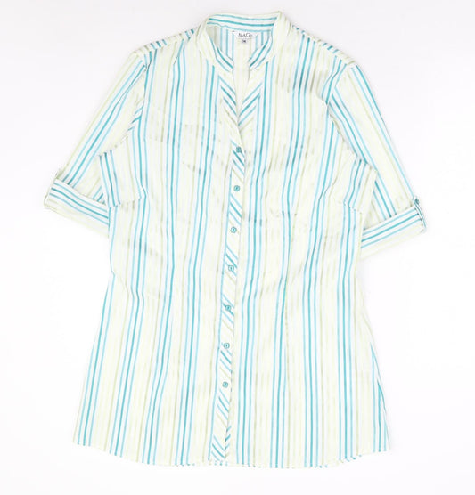 M&Co Womens Blue Striped Polyester Basic Button-Up Size 14 V-Neck