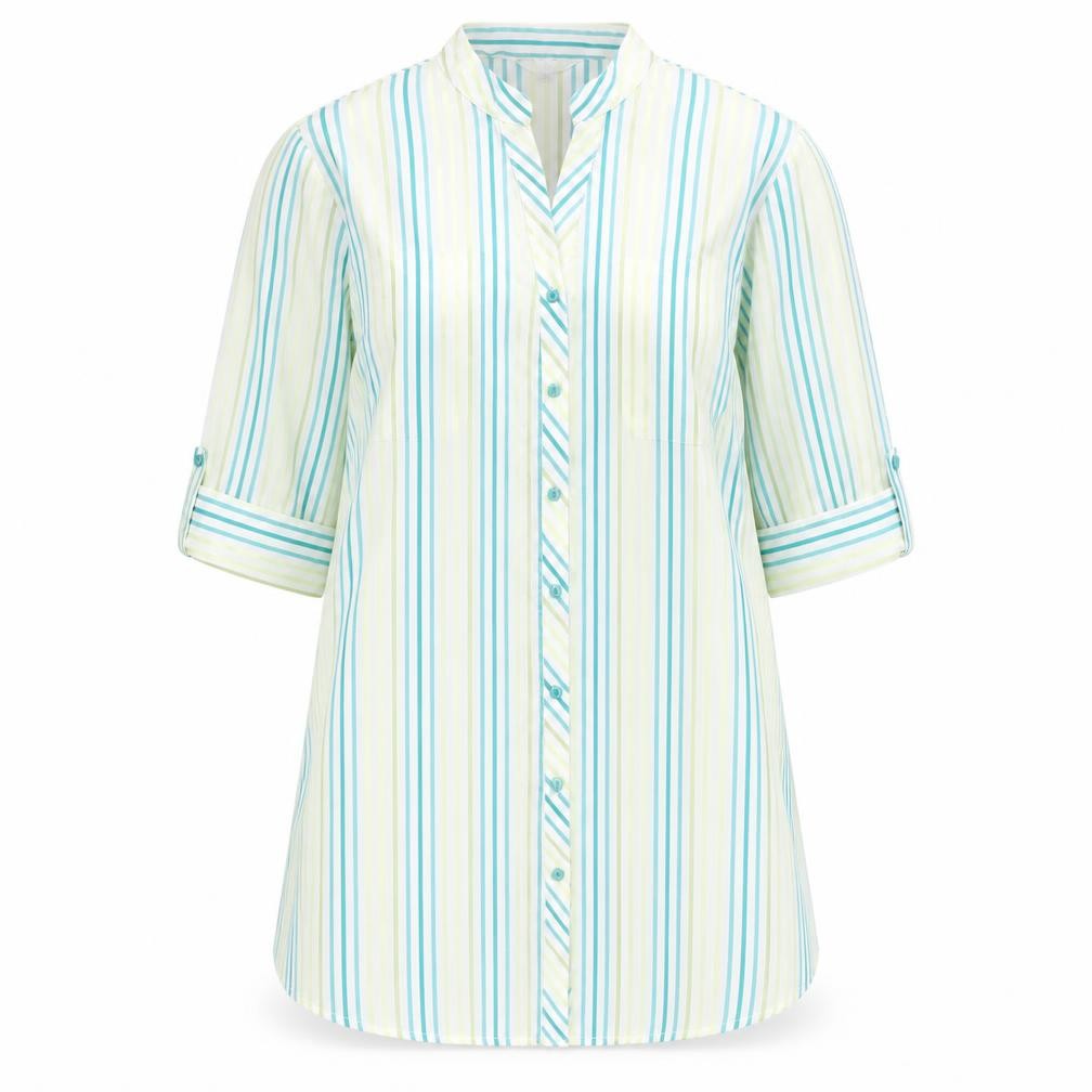 M&Co Womens Blue Striped Polyester Basic Button-Up Size 14 V-Neck