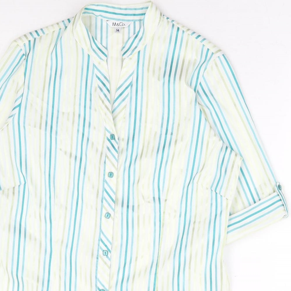 M&Co Womens Blue Striped Polyester Basic Button-Up Size 14 V-Neck