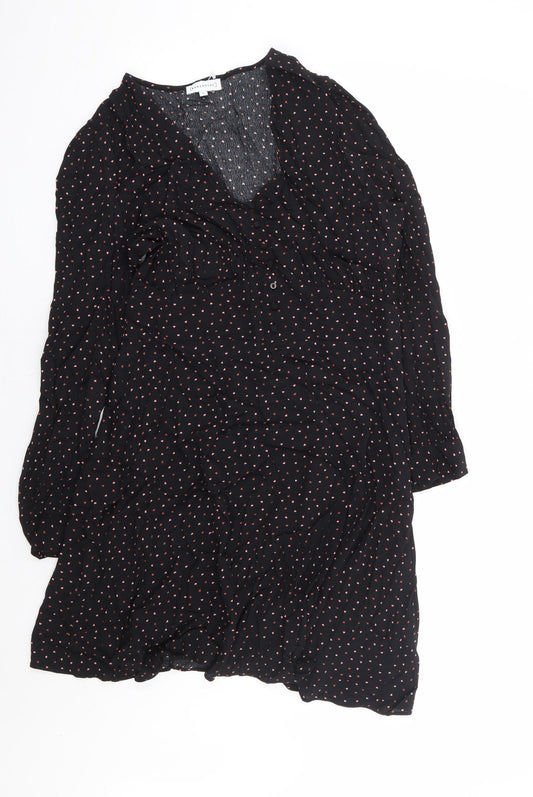 Warehouse Womens Black Geometric Rayon A-Line Size 12 V-Neck Zip - Love Heart Print