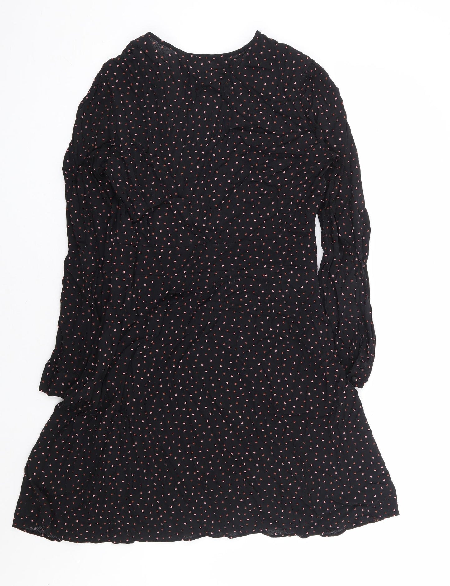 Warehouse Womens Black Geometric Rayon A-Line Size 12 V-Neck Zip - Love Heart Print