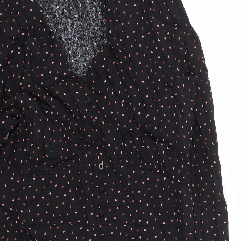Warehouse Womens Black Geometric Rayon A-Line Size 12 V-Neck Zip - Love Heart Print