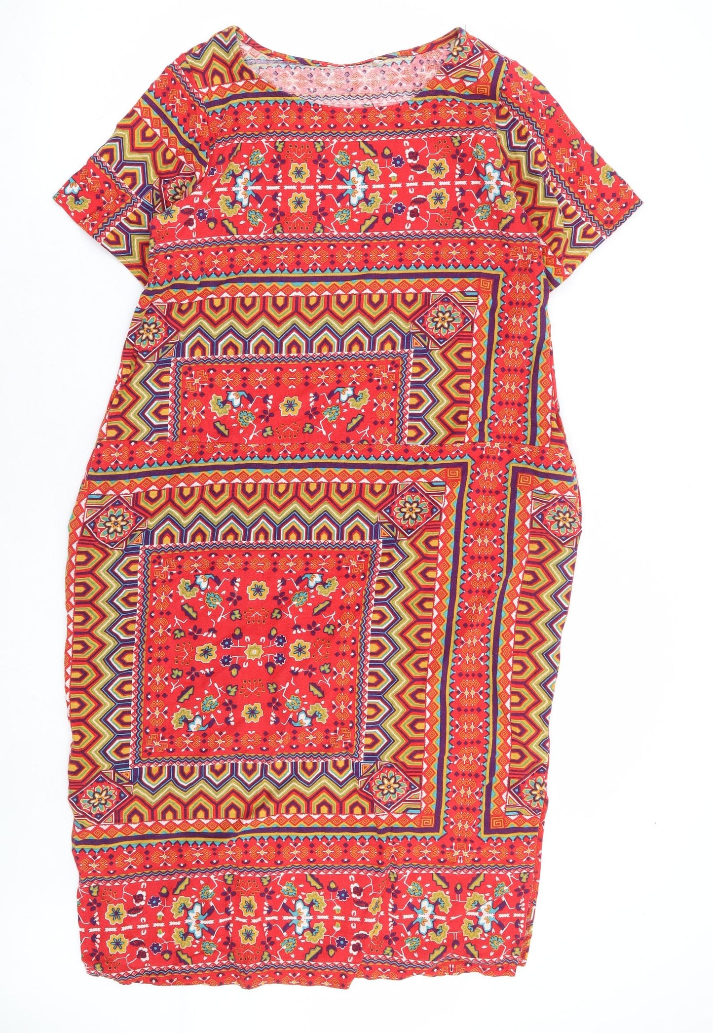 Preworn Womens Red Geometric Polyester A-Line Size S Round Neck Pullover