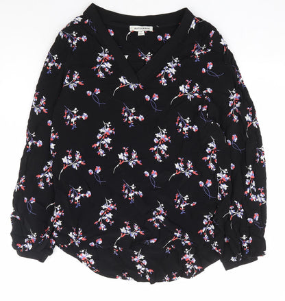 Autograph Womens Black Floral Viscose Basic Blouse Size 8 V-Neck
