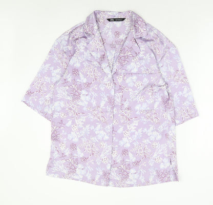 Zara Womens Purple Floral Polyester Basic Button-Up Size S Collared