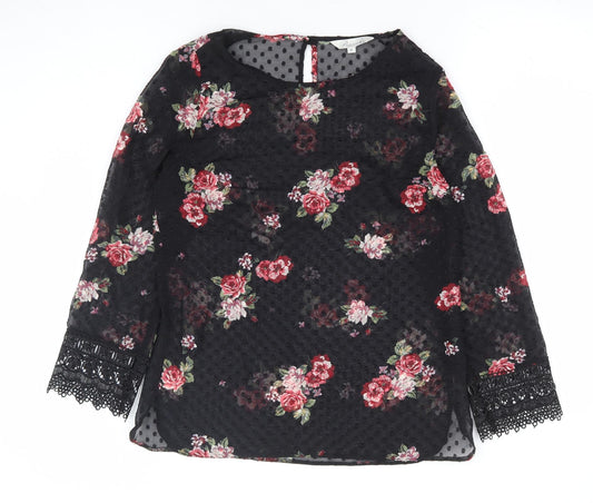 Peacocks Womens Black Floral Polyester Basic Blouse Size 8 Round Neck - Lace Sleeve Trim