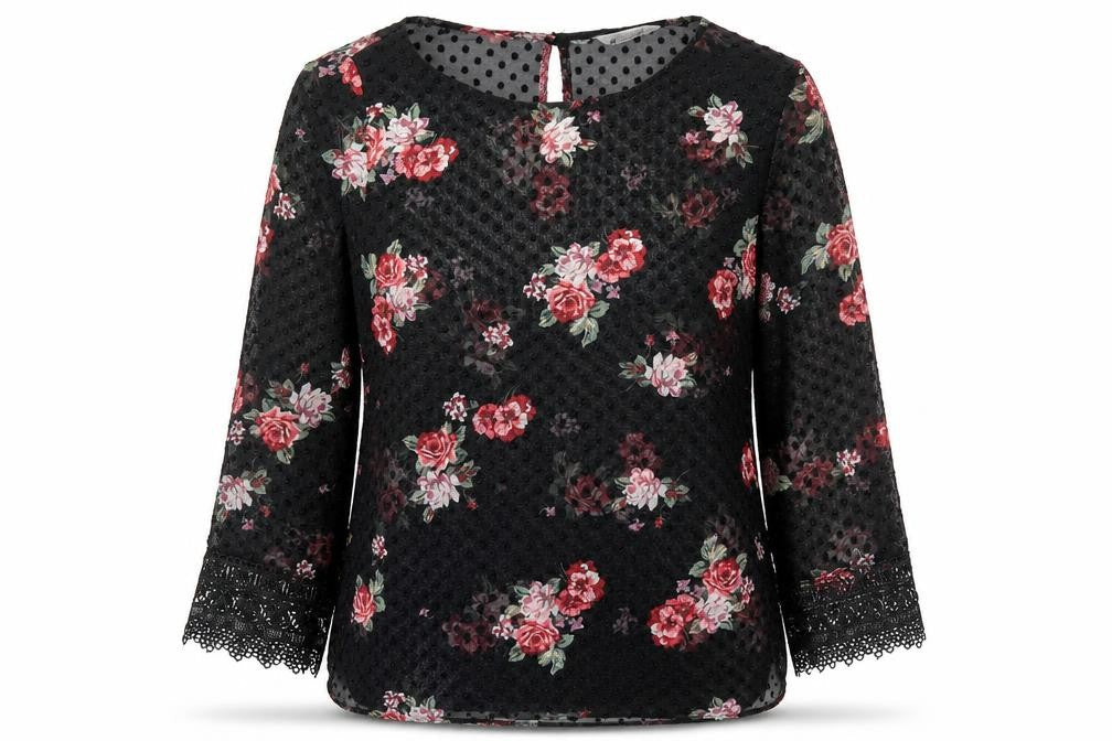 Peacocks Womens Black Floral Polyester Basic Blouse Size 8 Round Neck - Lace Sleeve Trim