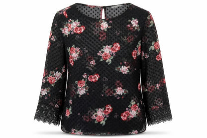 Peacocks Womens Black Floral Polyester Basic Blouse Size 8 Round Neck - Lace Sleeve Trim