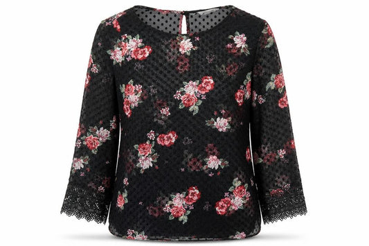 Peacocks Womens Black Floral Polyester Basic Blouse Size 8 Round Neck - Lace Sleeve Trim