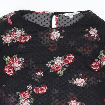 Peacocks Womens Black Floral Polyester Basic Blouse Size 8 Round Neck - Lace Sleeve Trim