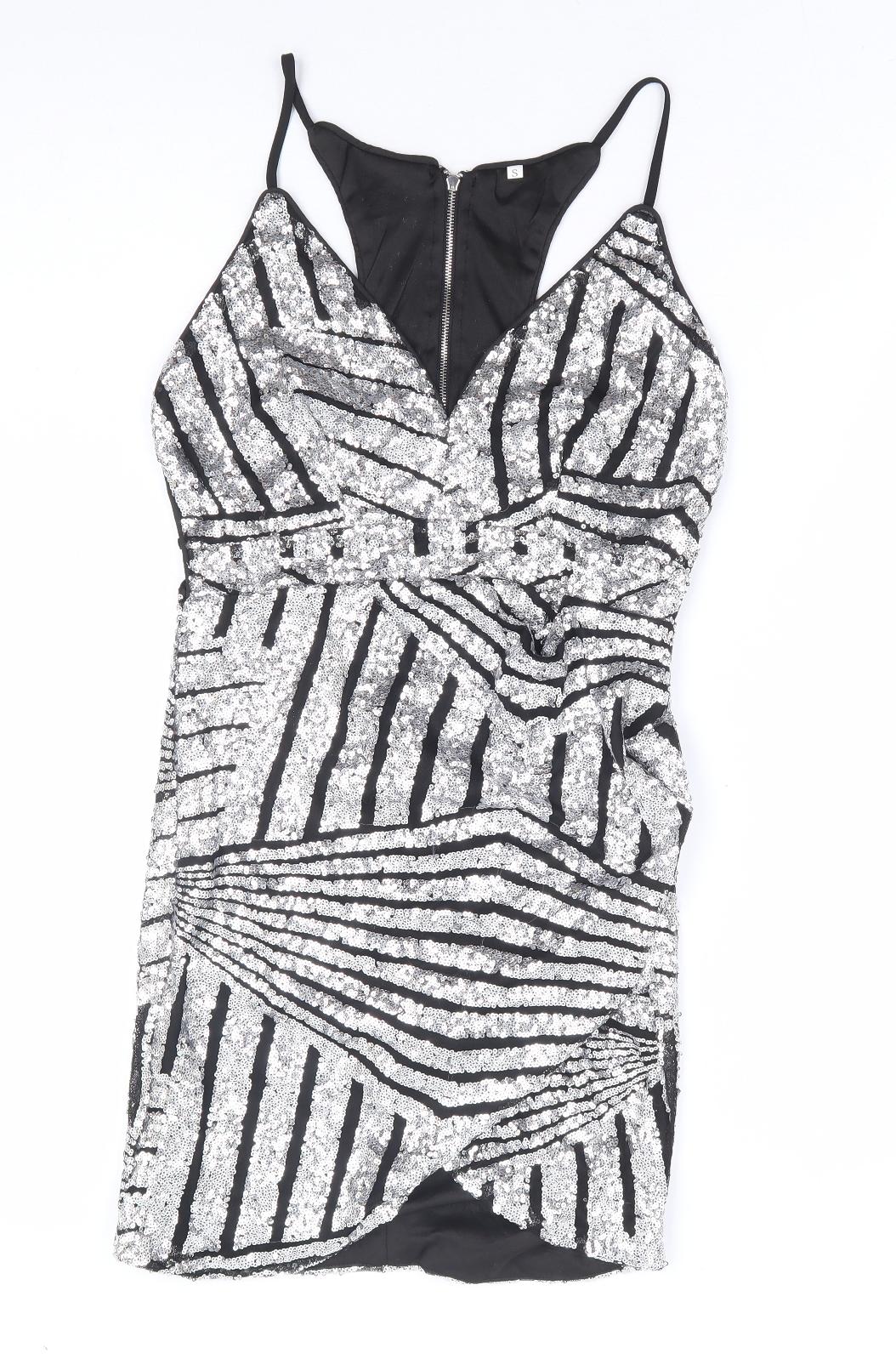 Preworn Womens Silver Geometric Polyester Bodycon Size S V-Neck Zip