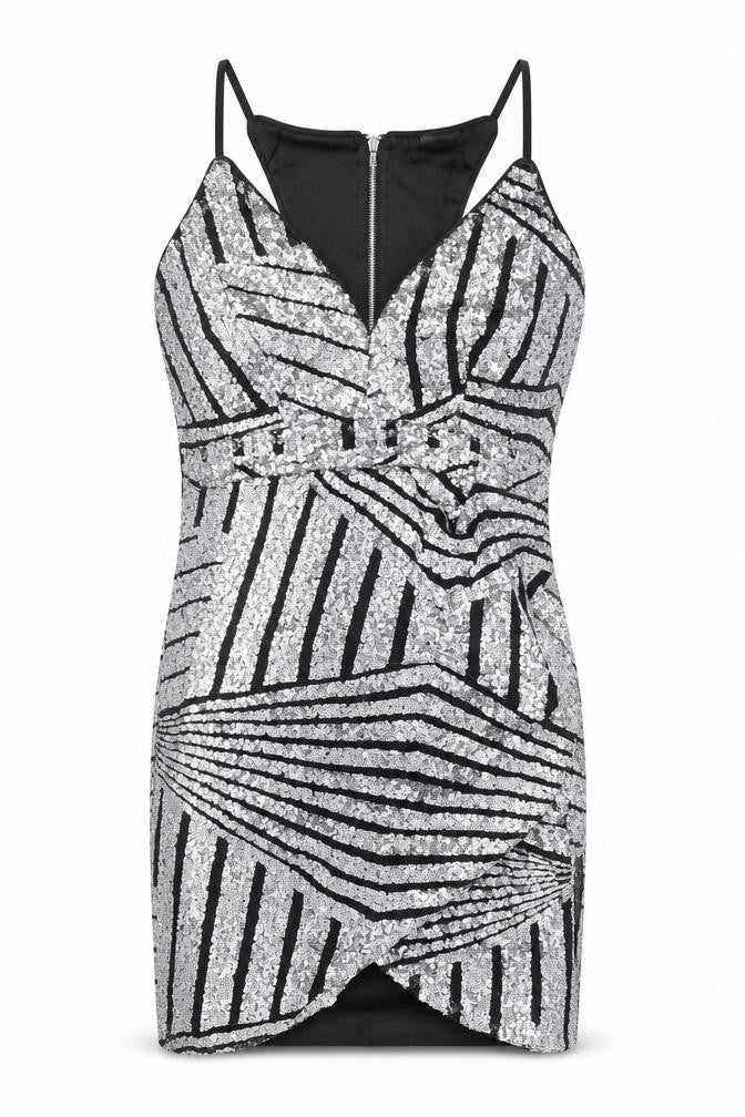 Preworn Womens Silver Geometric Polyester Bodycon Size S V-Neck Zip