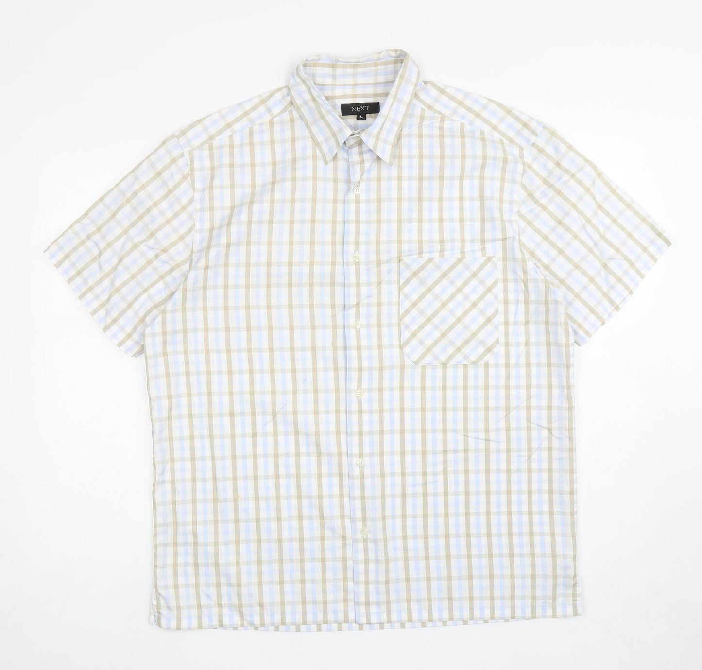 NEXT Mens White Plaid Cotton Button-Up Size L Collared Button