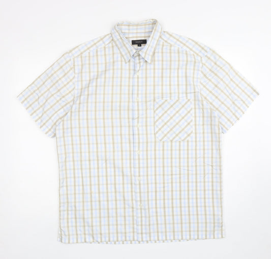 NEXT Mens White Plaid Cotton Button-Up Size L Collared Button