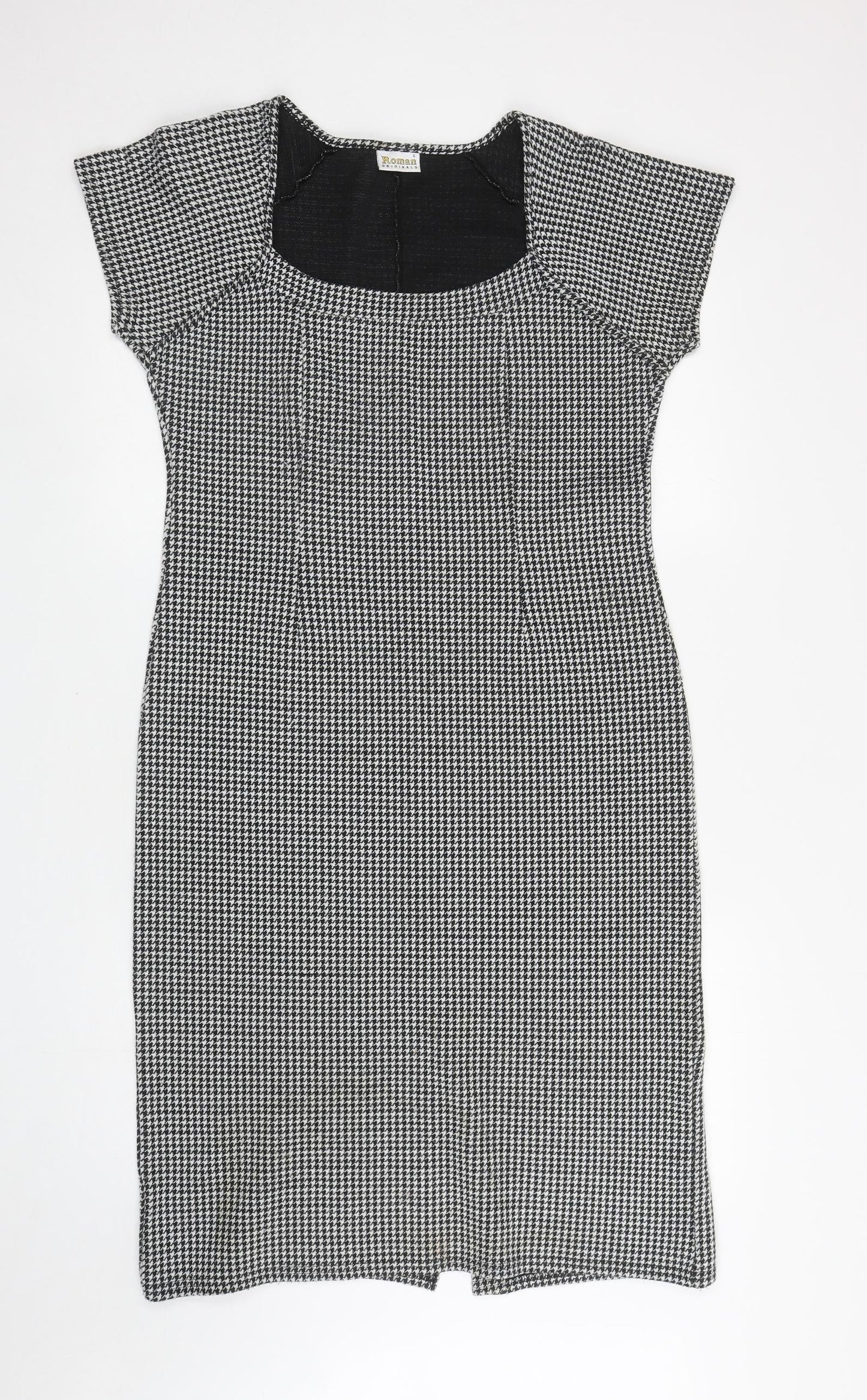 Roman Womens Black Houndstooth Acrylic Pencil Dress Size S Scoop Neck Pullover