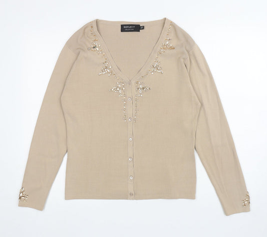 Reflect Womens Beige V-Neck Viscose Cardigan Jumper Size M