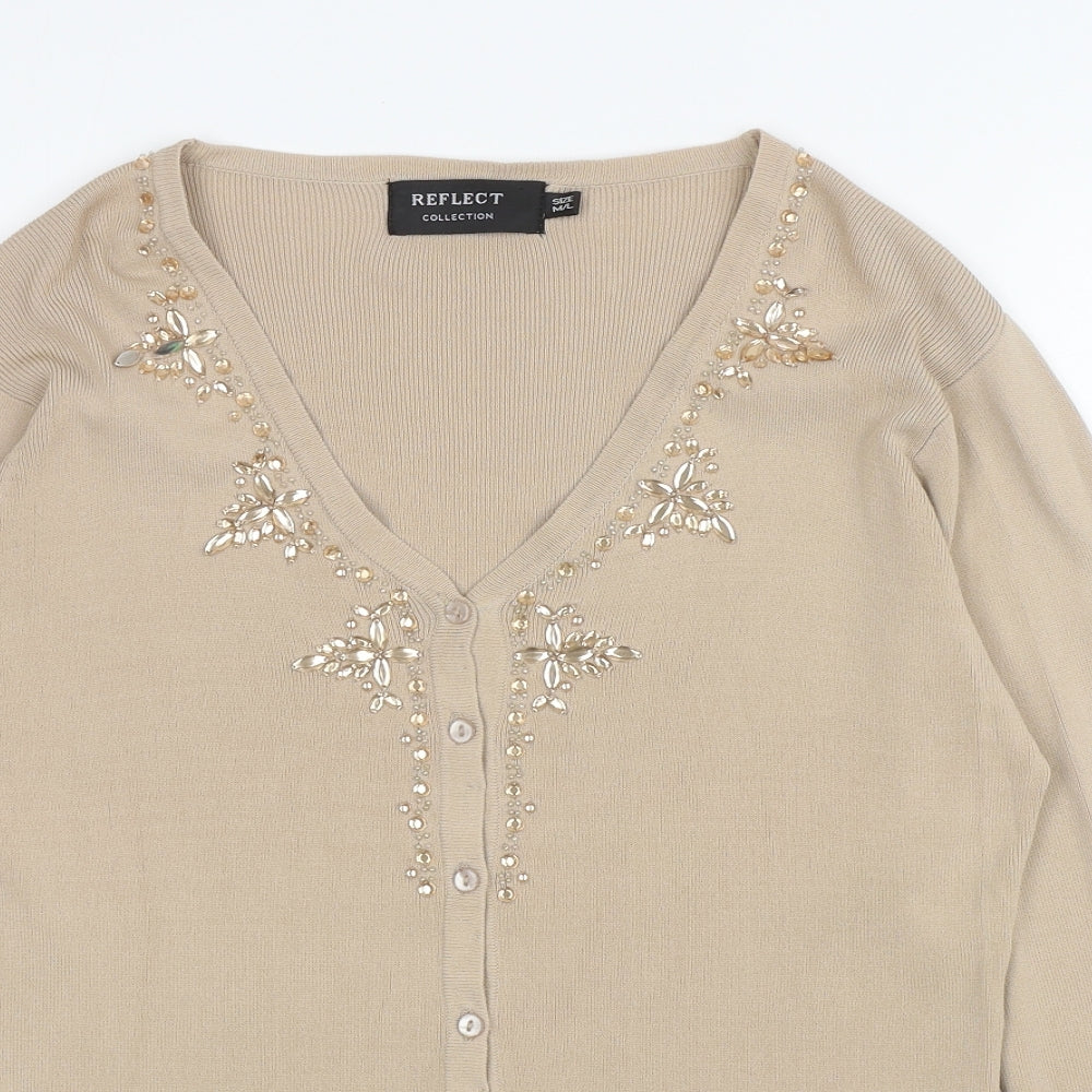 Reflect Womens Beige V-Neck Viscose Cardigan Jumper Size M