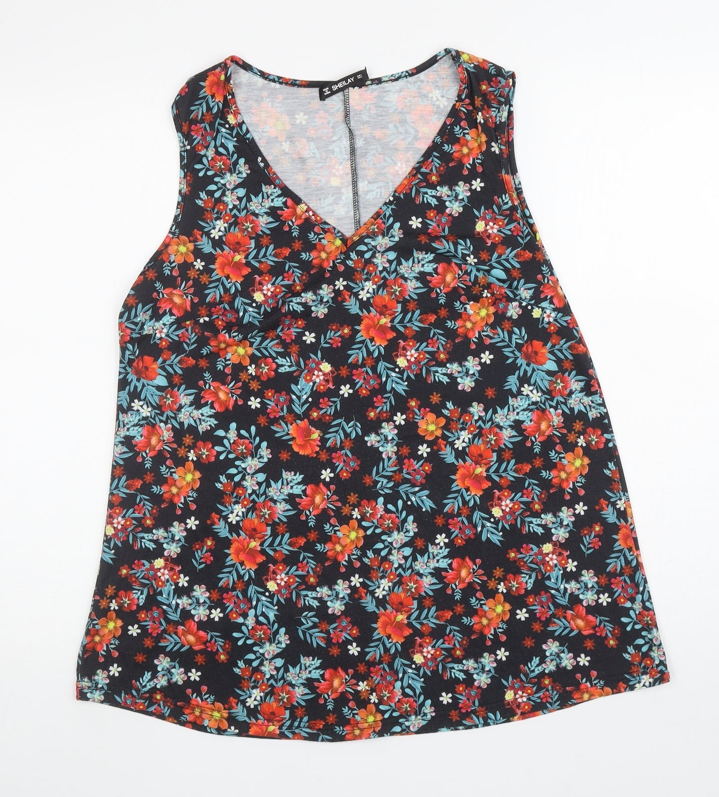 Sheilay Womens Black Floral Polyester Basic Tank Size L V-Neck