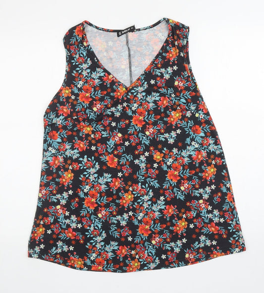 Sheilay Womens Black Floral Polyester Basic Tank Size L V-Neck