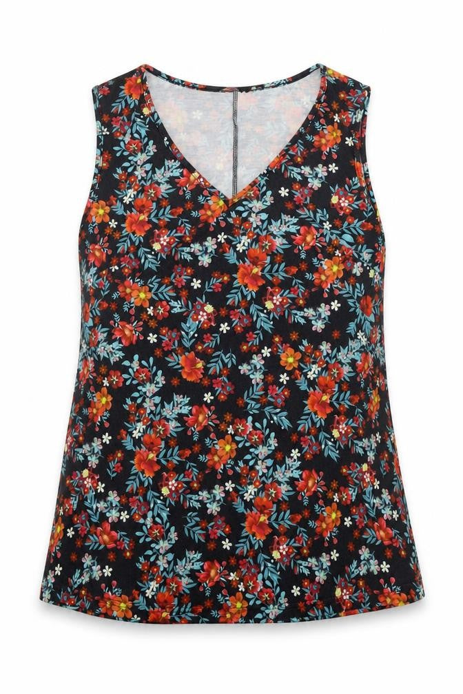 Sheilay Womens Black Floral Polyester Basic Tank Size L V-Neck