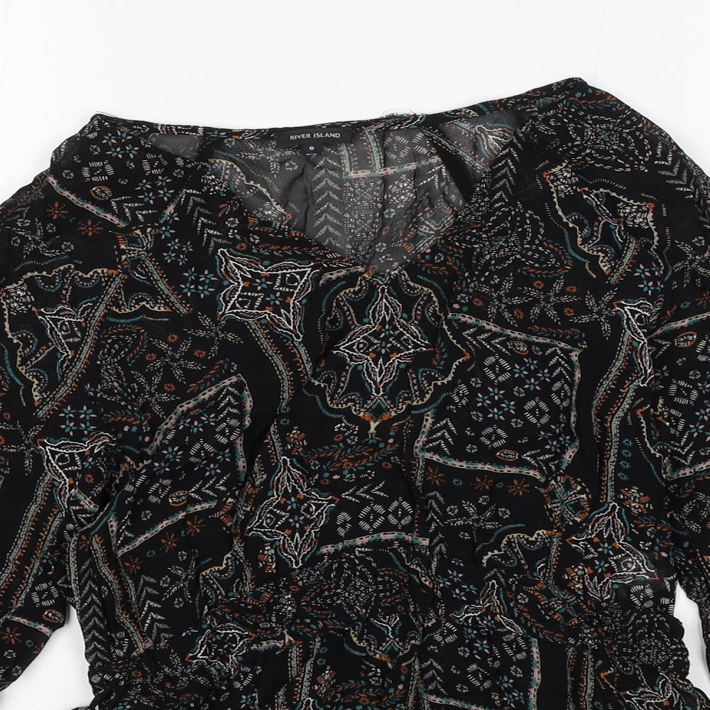 River Island Womens Black Geometric Viscose Basic Blouse Size 6 V-Neck