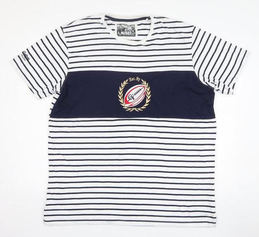 Cotton Traders Mens White Striped Cotton T-Shirt Size 2XL Round Neck - Rugby