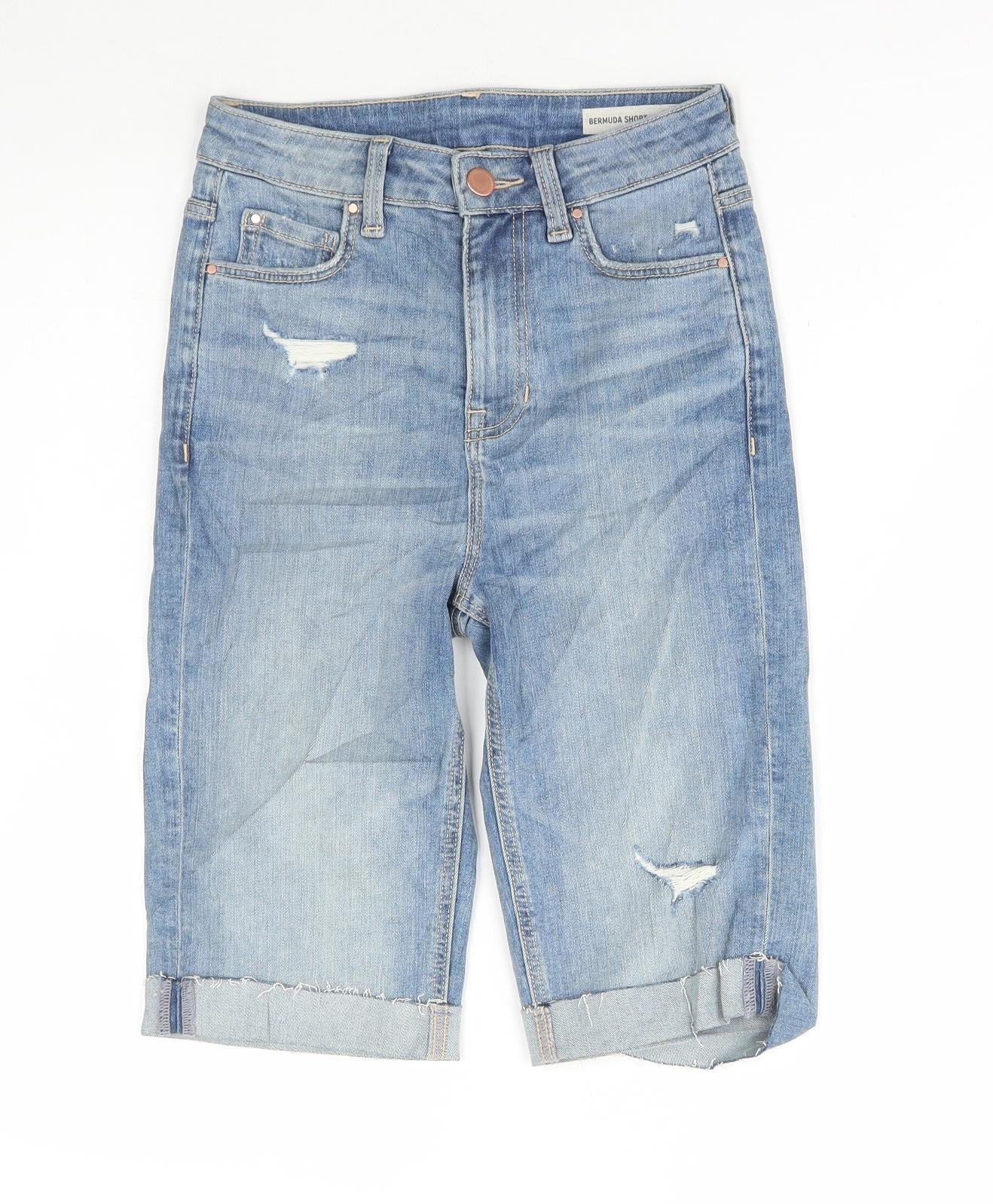 Marks and Spencer Womens Blue Cotton Bermuda Shorts Size 6 L11.5 in Regular Button - Distressed Denim