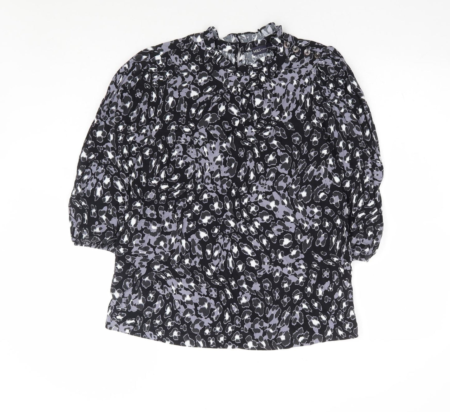 Marks and Spencer Womens Black Animal Print Viscose Basic Blouse Size 10 Round Neck - Leopard Print