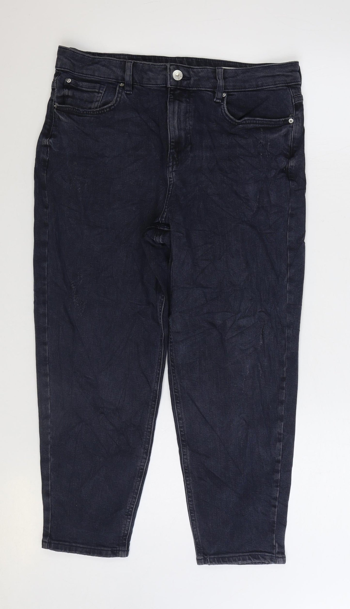 Marks and Spencer Womens Blue Cotton Mom Jeans Size 14 L24 in Regular Zip - Cropped