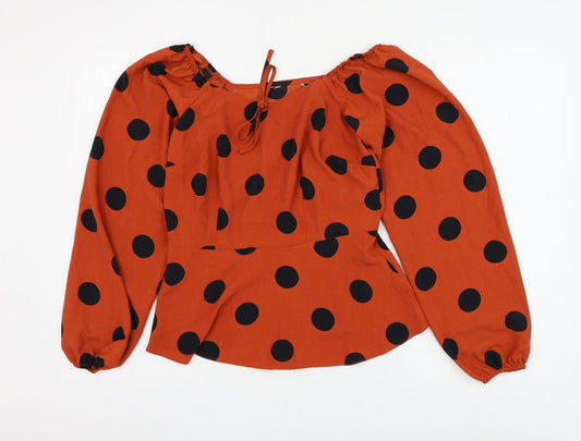 Preworn Womens Orange Polka Dot Polyester Basic Blouse Size 8 Square Neck
