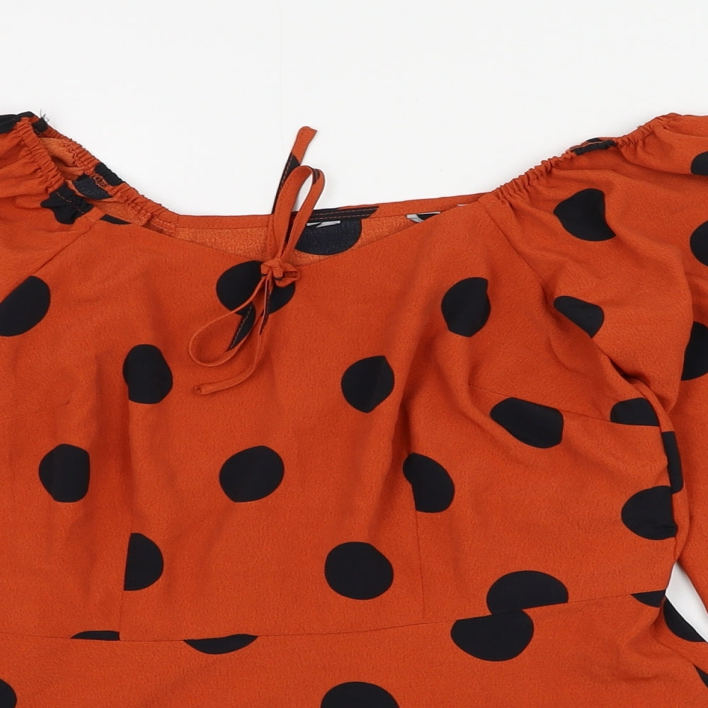 Preworn Womens Orange Polka Dot Polyester Basic Blouse Size 8 Square Neck