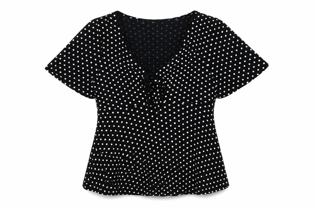 New Look Womens Black Polka Dot Polyester Basic Blouse Size 8 V-Neck - Knot Front