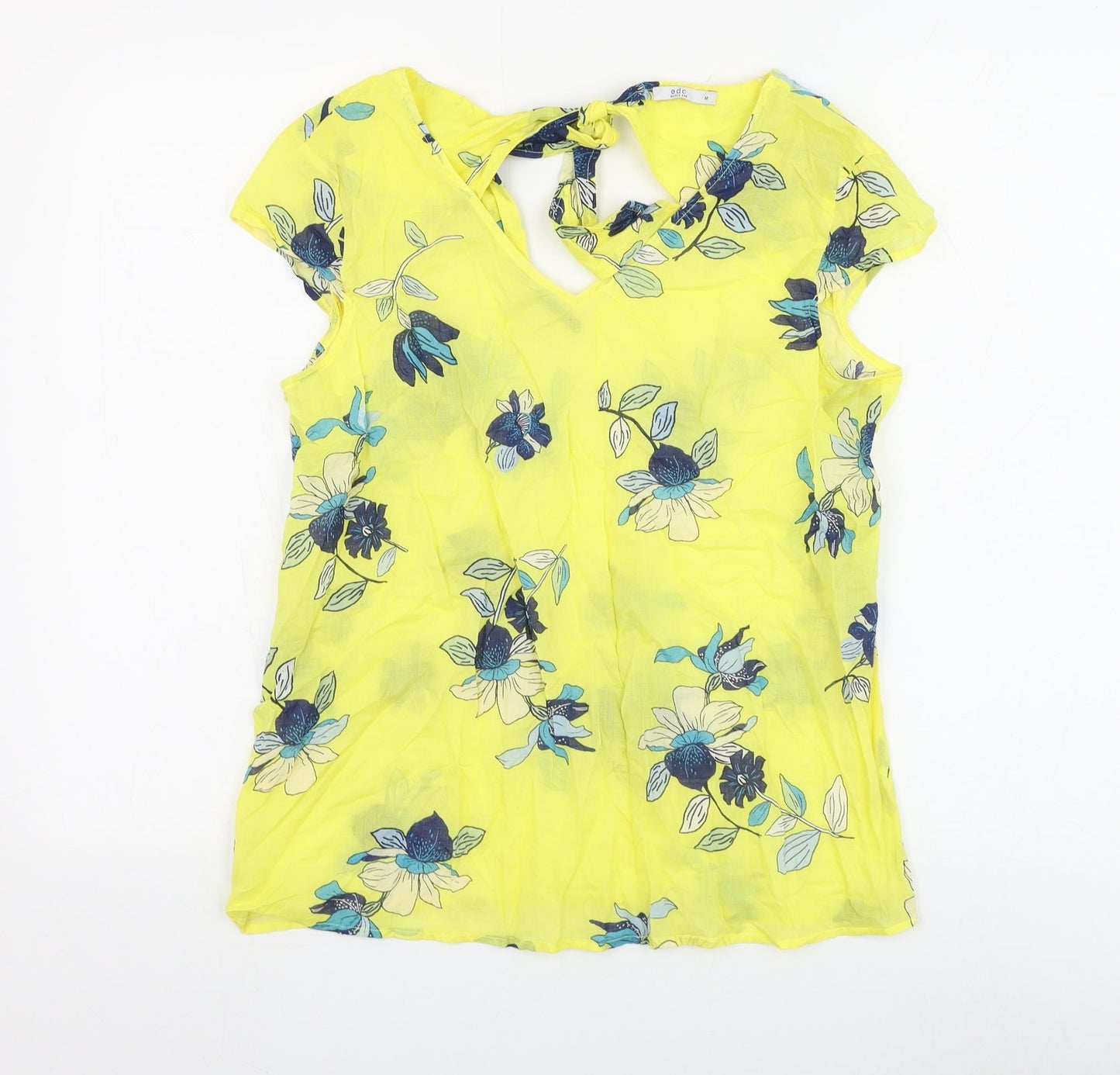 EDC Womens Yellow Floral Polyester Basic Blouse Size M V-Neck