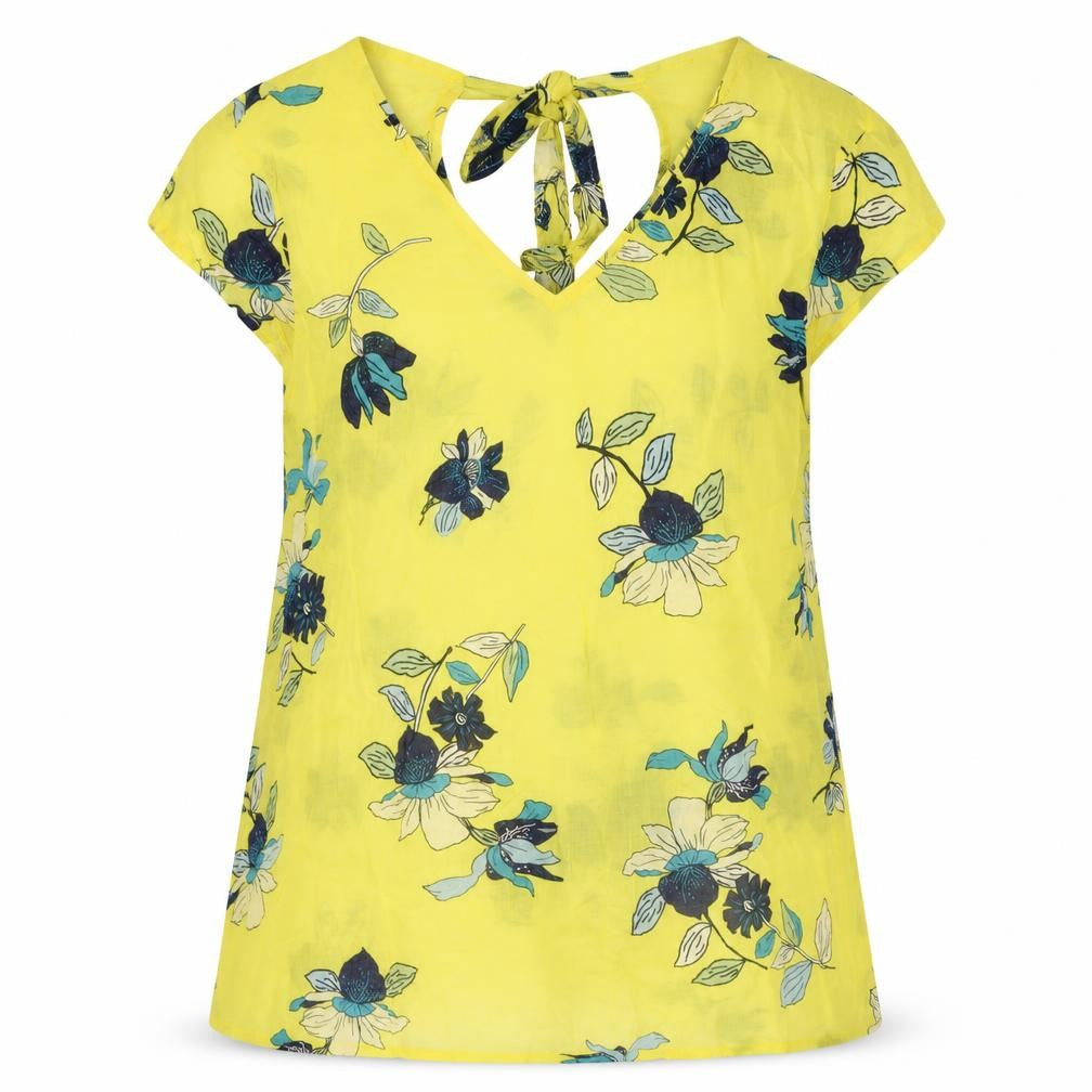 EDC Womens Yellow Floral Polyester Basic Blouse Size M V-Neck