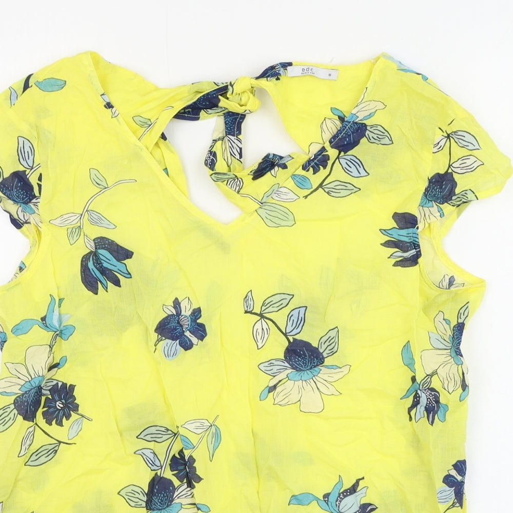 EDC Womens Yellow Floral Polyester Basic Blouse Size M V-Neck