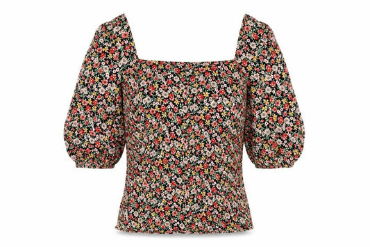 F&F Womens Black Floral Viscose Basic Blouse Size 8 Square Neck