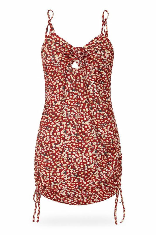 SHEIN Womens Red Floral Polyester Pencil Dress Size S V-Neck Pullover - Ruched