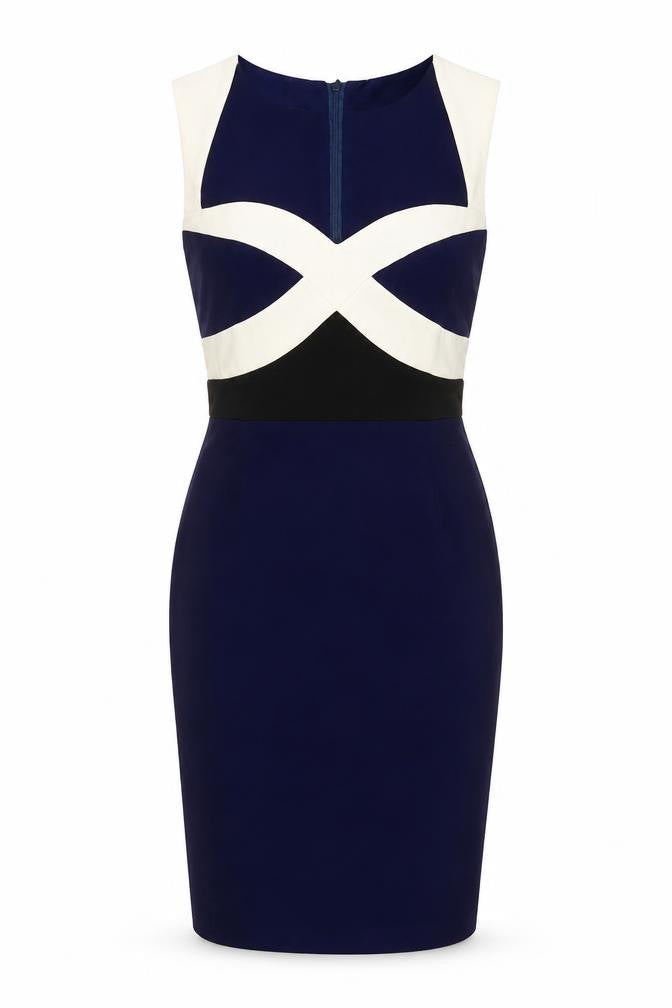 Vesper Womens Blue Colourblock Viscose Bodycon Size 10 V-Neck Zip