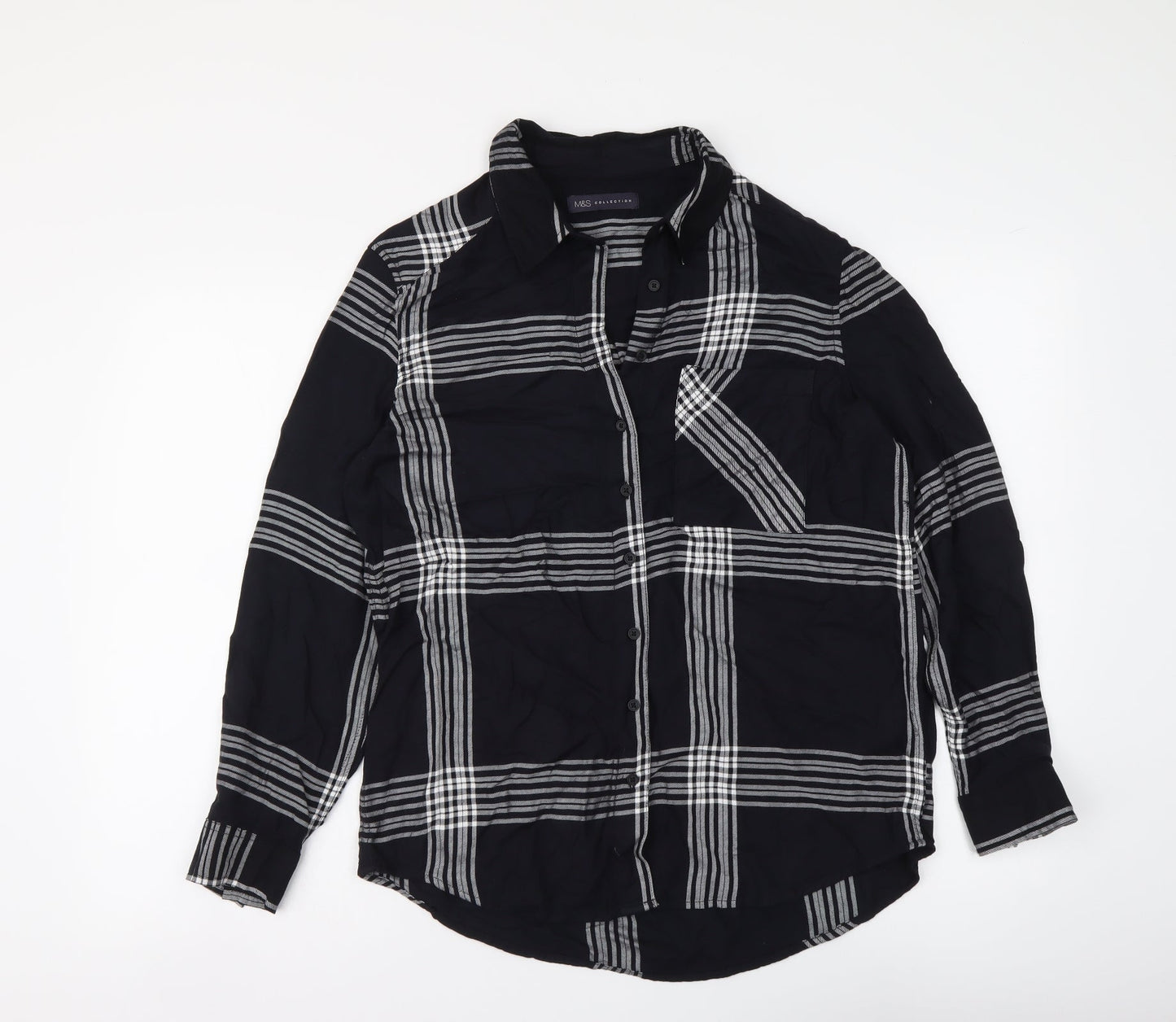 Marks and Spencer Womens Black Plaid Viscose Basic Button-Up Size 8 Collared