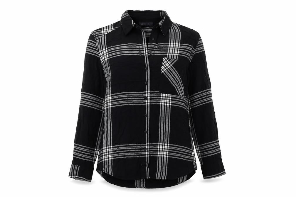 Marks & Spencer Womens Black Plaid Viscose Basic Button-Up Size 8 Collared