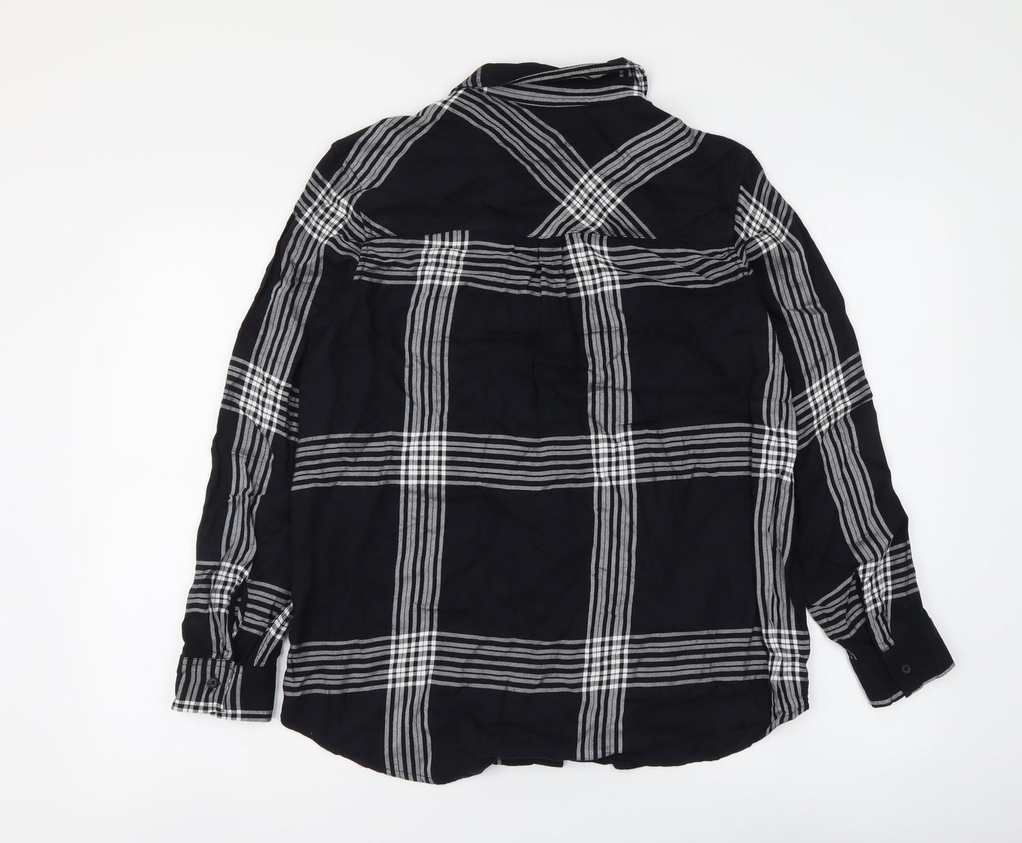 Marks and Spencer Womens Black Plaid Viscose Basic Button-Up Size 8 Collared